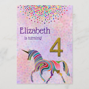 Unicorn 4e verjaardag uitnodiging glitter confetti