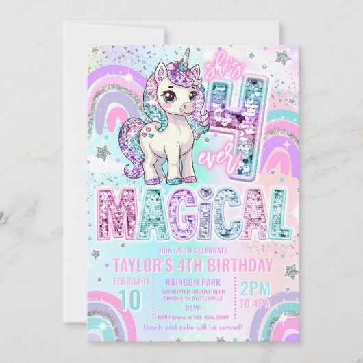 Unicorn 4th Birthday Four Ever Magical Rainbow  Kaart (Voorkant)