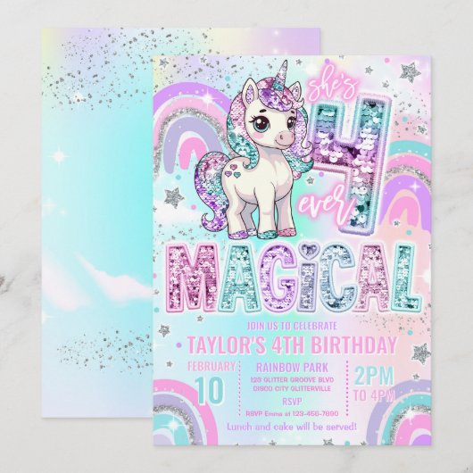 Unicorn 4th Birthday Four Ever Magical Rainbow Kaart (Voorkant / Achterkant)