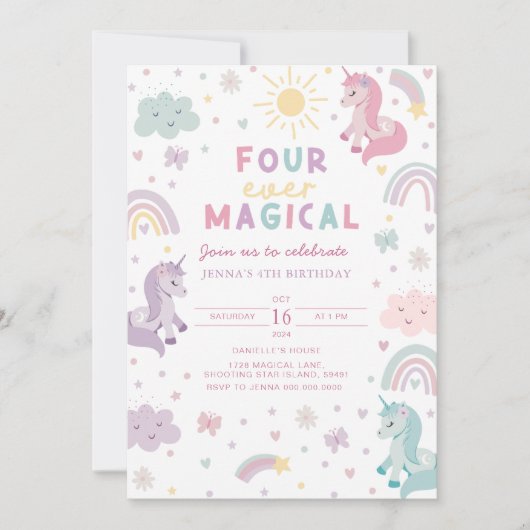 Unicorn 4th Birthday Invitation. Editable Rainbow  Kaart (Voorkant)
