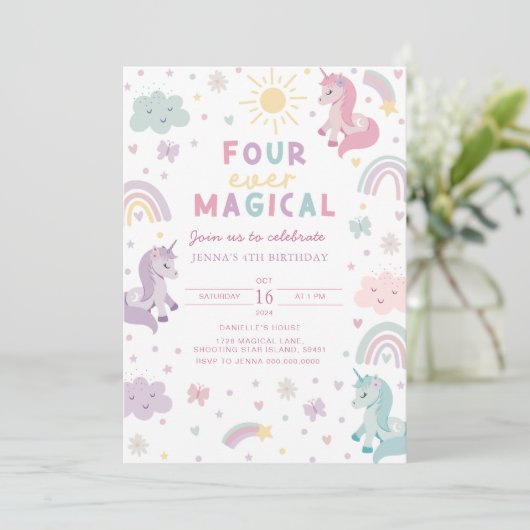 Unicorn 4th Birthday Invitation. Editable Rainbow  Kaart (Staand voorkant)