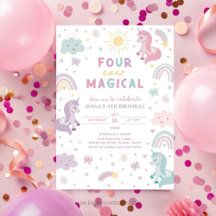 Unicorn 4th Birthday Invitation. Editable Rainbow