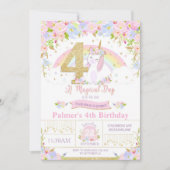 Unicorn 4th Birthday Invitation Floral Rainbow Kaart (Voorkant)