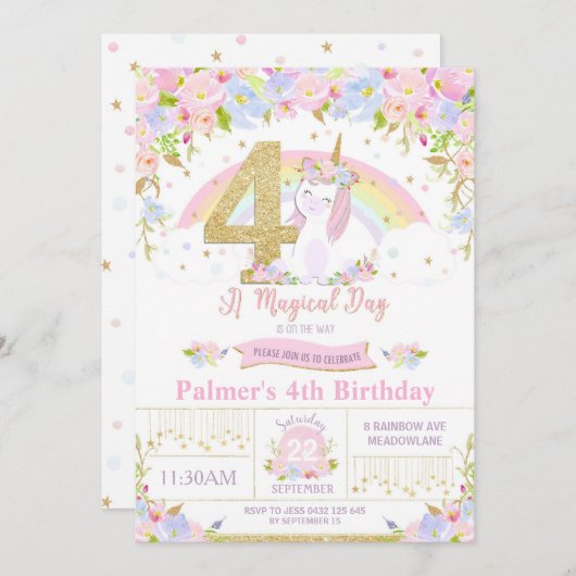Unicorn 4th Birthday Invitation Floral Rainbow Kaart (Voorkant / Achterkant)
