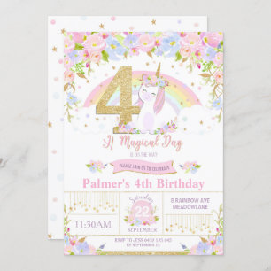 Unicorn 4th Birthday Invitation Floral Rainbow Kaart