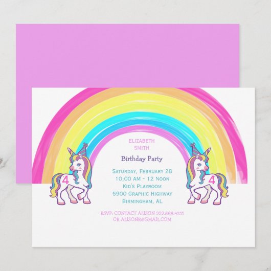 Unicorn 4th Birthday Party Invitation Kaart (Voorkant / Achterkant)