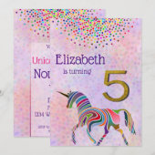 Unicorn 5e verjaardag uitnodiging glitter confetti (Voorkant / Achterkant)