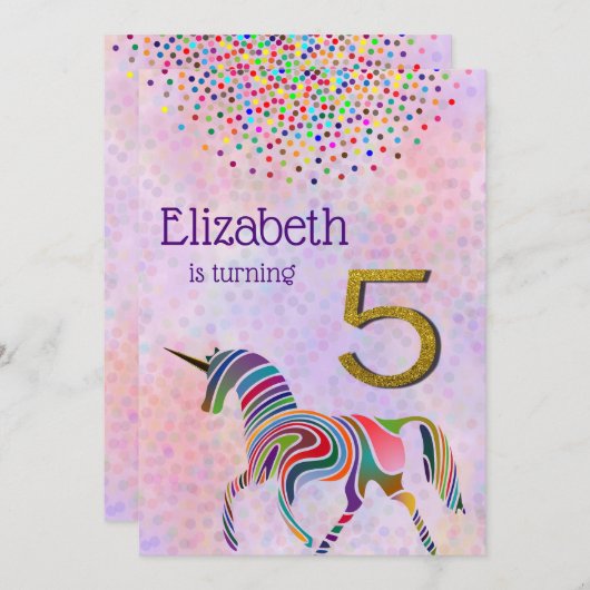 Unicorn 5e verjaardag uitnodiging glitter confetti (Voorkant / Achterkant)