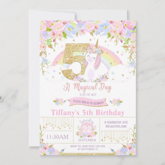 Unicorn 5th Birthday Invitation Floral Rainbow Kaart (Voorkant)