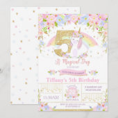 Unicorn 5th Birthday Invitation Floral Rainbow Kaart (Voorkant / Achterkant)
