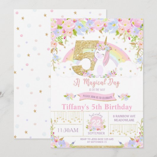 Unicorn 5th Birthday Invitation Floral Rainbow Kaart (Voorkant / Achterkant)