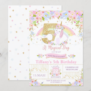 Unicorn 5th Birthday Invitation Floral Rainbow Kaart
