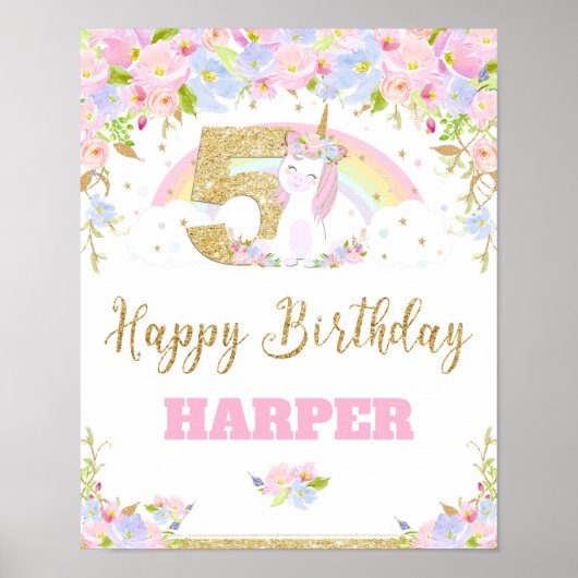 Unicorn 5th Birthday Party Welcome Poster Sign (Voorkant)