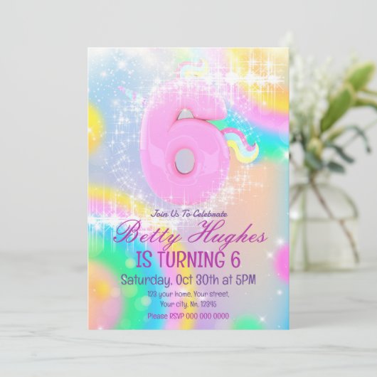 Unicorn 6e verjaardag Uitnodiging (Staand voorkant)