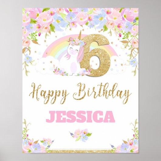 Unicorn 6th Birthday Party Welcome Poster Sign (Voorkant)