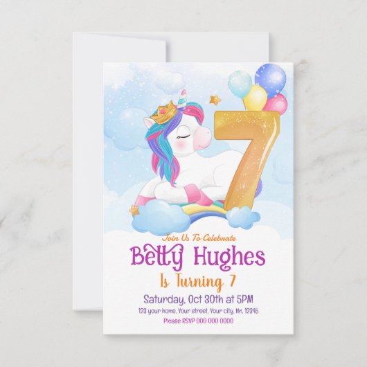 Unicorn 7e verjaardag Uitnodiging (Voorkant)