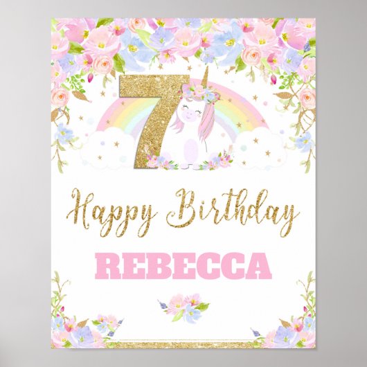 Unicorn 7th Birthday Party Welcome Poster Sign (Voorkant)