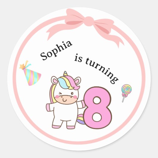 Unicorn 8 Birthday Sticker Pack Cute Party Design (Voorkant)