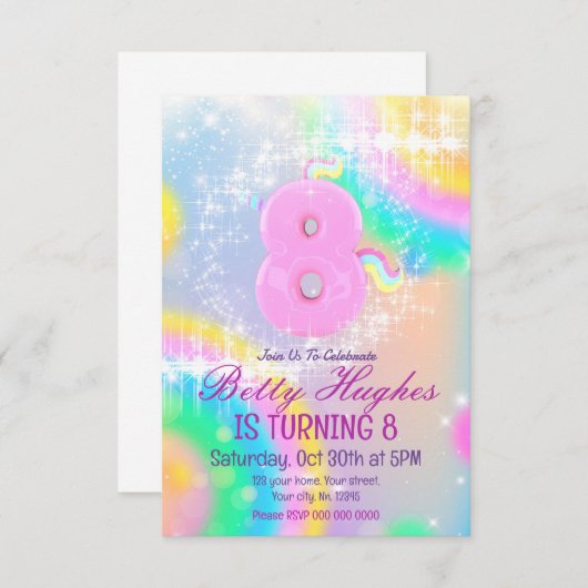 Unicorn 8th Birthday Invitation Kaart (Voorkant / Achterkant)