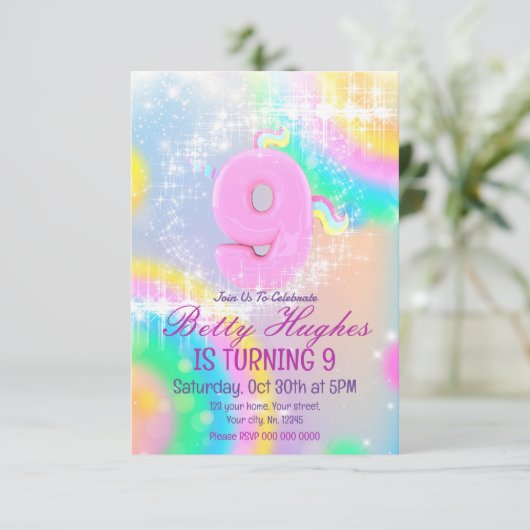 Unicorn 9e verjaardag Uitnodiging (Staand voorkant)