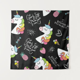 Unicorn, aardbei, ananas, ijsschets wandkleed