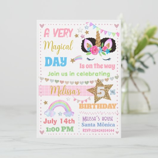 Unicorn afro Puff Verjaardag Uitnodiging (Staand voorkant)