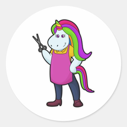 Unicorn als Hairdresser met schaar Ronde Sticker (Voorkant)