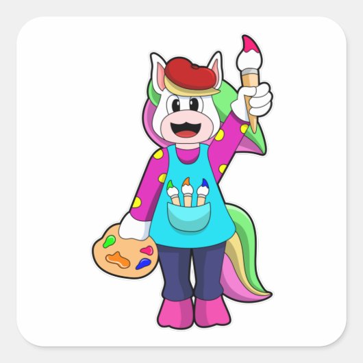 Unicorn als schilder vierkante sticker (Voorkant)