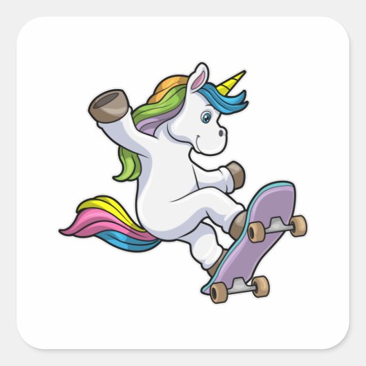 Unicorn als Skater met Skateboard Vierkante Sticker (Voorkant)
