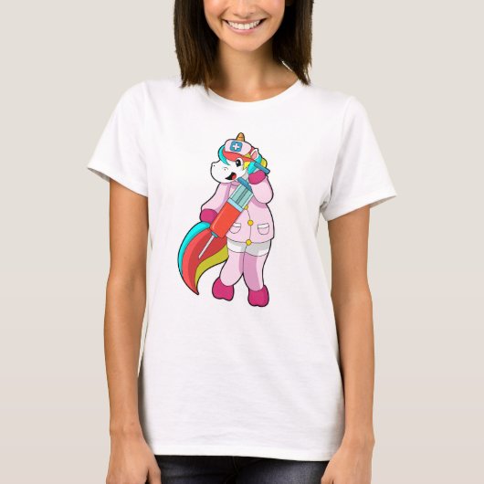 Unicorn als verpleegster bij vaccinatie en spuit t-shirt (Voorkant)