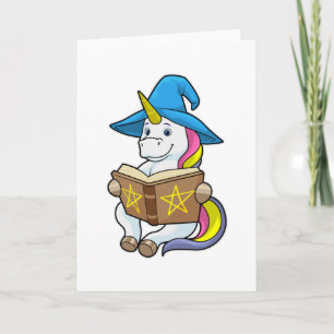 Unicorn als wizard met Boek en Pet Kaart