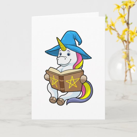 Unicorn als wizard met Boek en Pet Kaart (Gele Bloem)