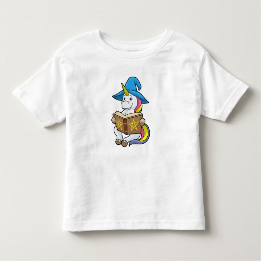 Unicorn als wizard met Boek en Pet Kinder Shirts (Voorkant)