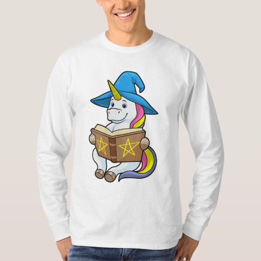 Unicorn als wizard met Boek en Pet T-shirt (Voorkant)