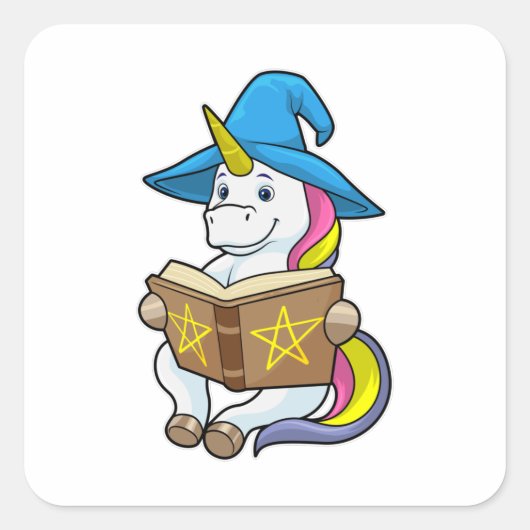 Unicorn als wizard met Boek en Pet Vierkante Sticker (Voorkant)