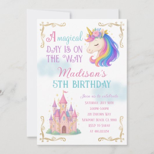 Unicorn and Castle Birthday Party Invitation Kaart (Voorkant)