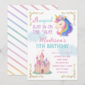 Unicorn and Castle Birthday Party Invitation Kaart (Voorkant / Achterkant)