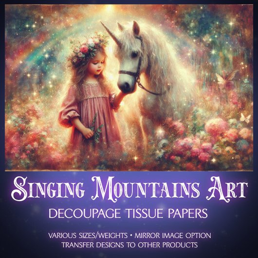 Unicorn and Child in Enchanted Woods Decoupage Tissuepapier