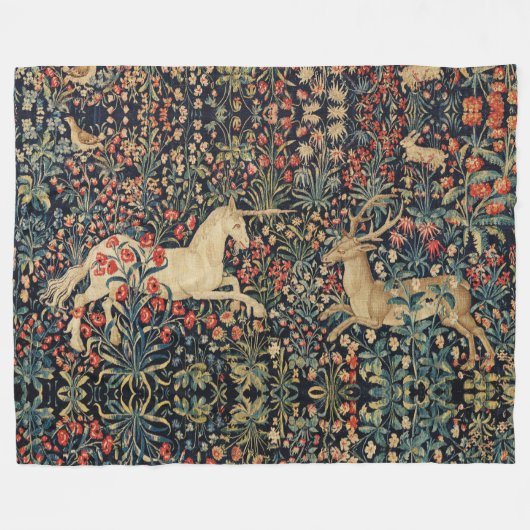 UNICORN AND DEER, FLOWERS, BOSBOUWDIEREN FLEECE DEKEN (Voorkant (Horizontaal))