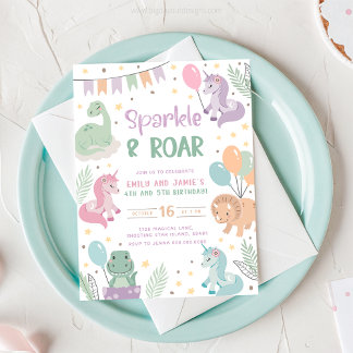 Unicorn and Dinosaur Invitations. Editable Digital Kaart