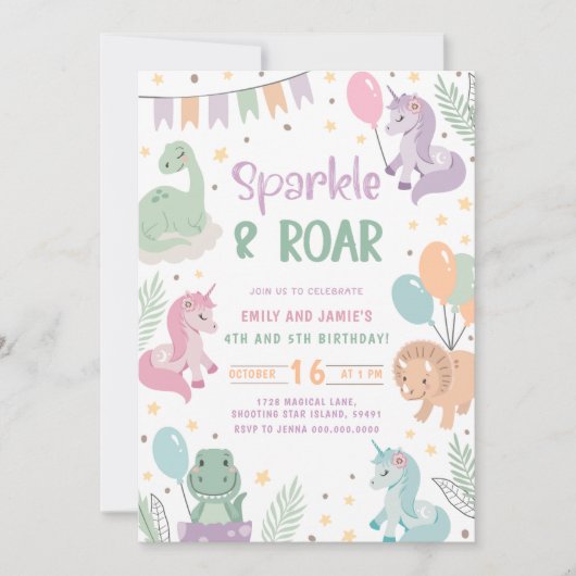 Unicorn and Dinosaur Invitations. Editable Digital Kaart (Voorkant)