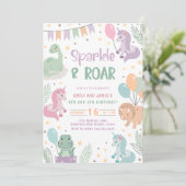 Unicorn and Dinosaur Invitations. Editable Digital Kaart (Staand voorkant)
