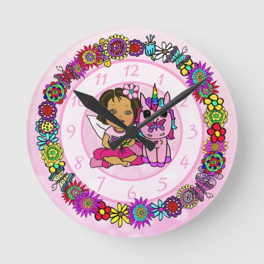 Unicorn and Fairy Whimsical Folk Art Girl's Ronde Klok (Voorkant)