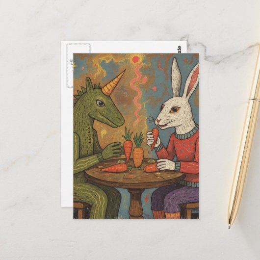 Unicorn and Rabbit Eating Carrots Surreal Briefkaart (Voorkant / Achterkant in situ)