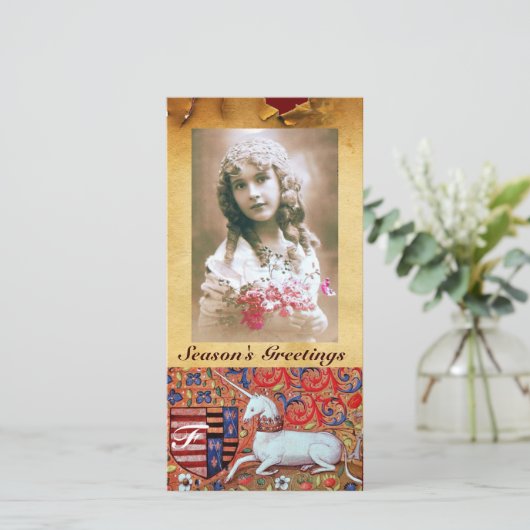 UNICORN ANTIEK BROWN PARCHMENT MONOGRAM FEESTDAGENKAART (Staand voorkant)