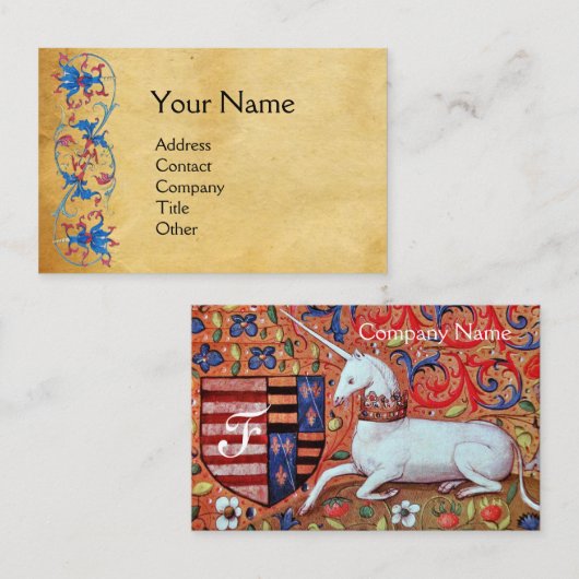 UNICORN Antiek Rood Blauw Bloemperkament Monogram Visitekaartje (Voorkant / Achterkant)