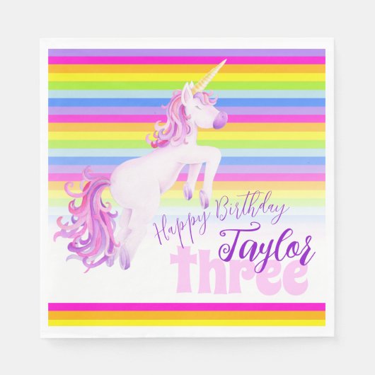 Unicorn art rainbow derde verjaardag, napkins servet (Voorkant)
