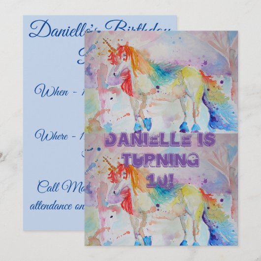 Unicorn Art Waterverf Birthday Uitnodiging (Voorkant / Achterkant)
