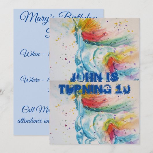 Unicorn Art Waterverf Boys Birthday Uitnodiging (Voorkant / Achterkant)