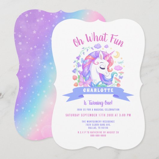 Unicorn Baby 1st Birthday Magical Rainbow Party Kaart (Voorkant / Achterkant)
